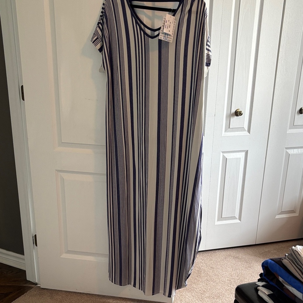 LuLaRoe Macy Blue and White Striped Maxi Dress